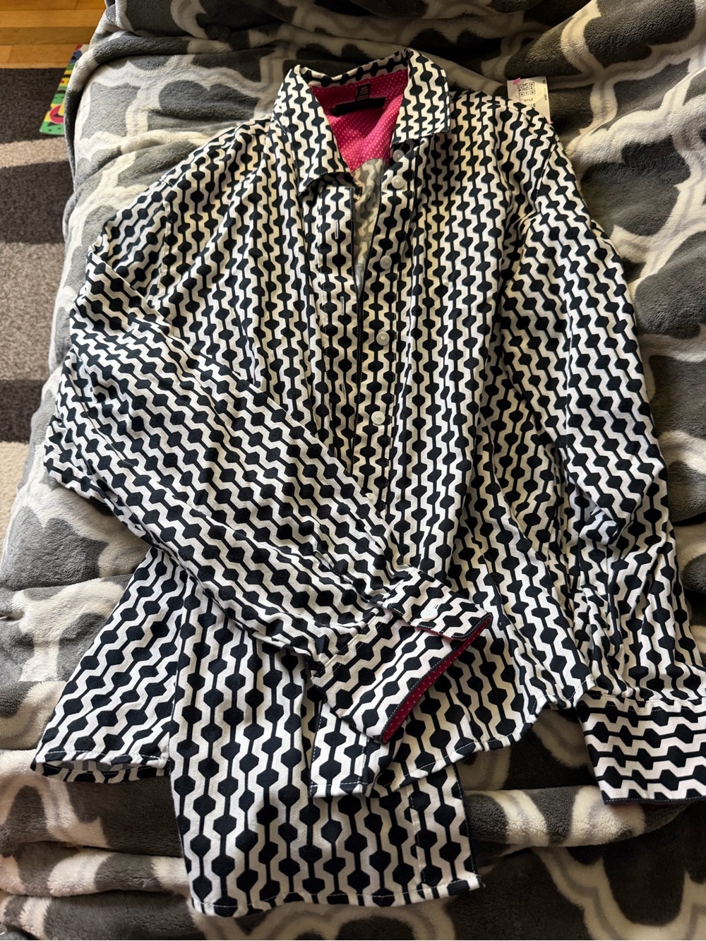 Foxcroft Black and White Geometric Button-Down Shirt with Pink Trim